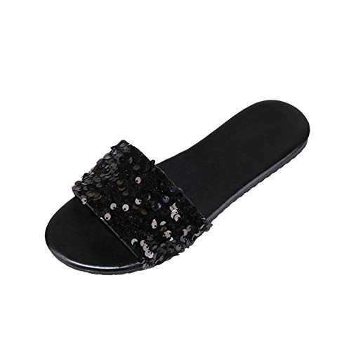 Sandalen Damen Bohemian Shoes mit Strass Flat Sommer Indoor Outdoor Women Beach Peep Toe Gladiator Sandalen Riemchen Sandale Freizeitschuhe Sommerschuhe Strandsandale (Schwarz, 38) von T-