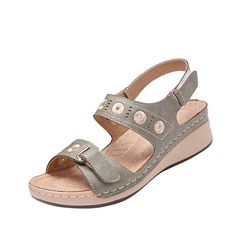 Sandalen Wedge Damen Shoes mit Klettverschluss Sommer Outdoor Riemchensandalen Frauen Böhmische Sandalen Riemchen Sandale Freizeitschuhe Sommerschuhe Strandsandale (grau, 38) von T-