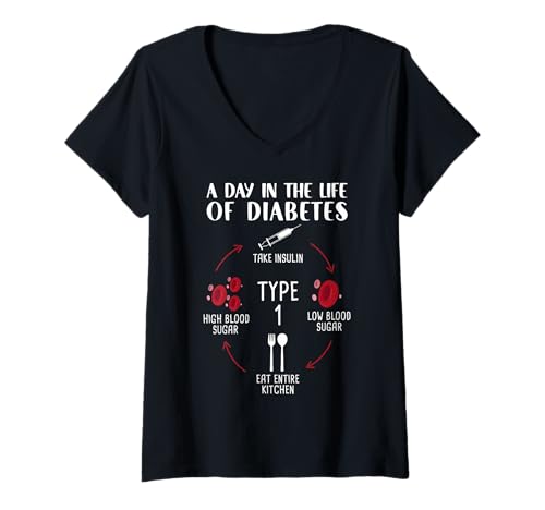 Damen A Day In The Life of Diabetes Typ 1 - Sensibilisierungsmonat T-Shirt mit V-Ausschnitt Damen A Day In The Life of Diabetes Typ 1 - Sensibilisierungsmonat T-Shirt mit V-Ausschnitt von T1D Mom Diabetes Ribbon Support Insulin