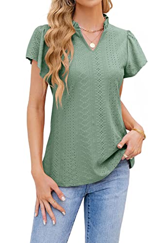 T1FE 1SFE Blusen Damen Sommer Elegant V Ausschnitt Lochmuster Rüschenärmel T Shirt Grün XXL von T1FE 1SFE