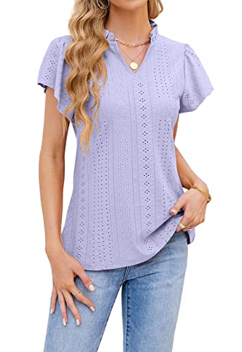 T1FE 1SFE Damen Oberteile Sommer V Ausschnitt Lochstickerei Ethno Luftig Elegant Rüschen Tshirt Lila XL von T1FE 1SFE