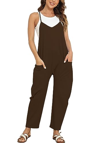 T1FE 1SFE Jersey Jumpsuit Damen Sommer Lang Latzhose Hippie Harem Overall Luftig Casual Kleidung Verstellbareträger Minimalistisch Einfarbiger Jump Suit mit Reißverschluss Dunkelbraun Größe XL von T1FE 1SFE