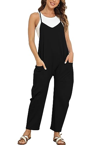 T1FE 1SFE Latzhose Damen Casual Fasching Overalls Sommer mit Pocket V-Ausschnitt Jumpsuit Verstellbare Spaghettiträger Onepiece Sommerhose Schlichtes Freizeithose Locker Schwarz Größe XL von T1FE 1SFE