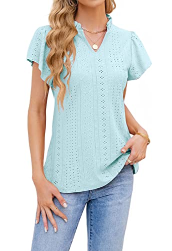 T1FE 1SFE Damen Kleidung Sommer Elegant Rüschen Lochstickerei Luftig Elasthan V Ausschnitt Bluse Shirt Himmelblau XXL von T1FE 1SFE