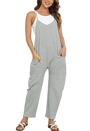 T1FE 1SFE Stretch Latzhose Schwangerschaft Damen Retro Lässig Jumpsuit Verstellbarer Träger Haremshose Sommer mit Taschen V-Ausschnitt Overall Locker Chic Taglich Sommerhose Grau Größe M von T1FE 1SFE