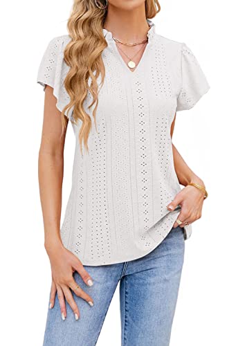 T1FE 1SFE Bluse Damen Sommer Elegant Rüschen Lochstickerei Luftig Longshirt Weiß M von T1FE 1SFE