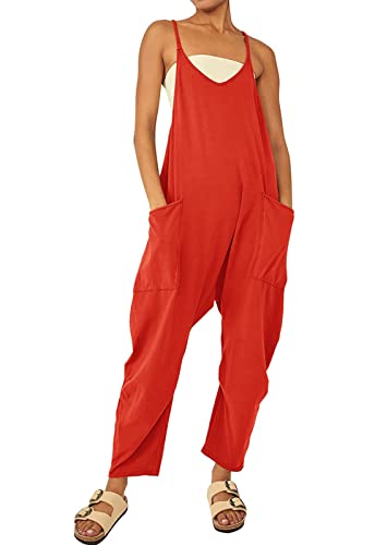 T1FE 1SFE Umstandslatzhose Orange Damen Overall Niedliche Lässiger Jumpsuit Lang Sommer mit Taschen V-Ausschnitt Sommerhose Frauen Locker Leger Latzhosen für Frauen Orange-Rot Größe L von T1FE 1SFE