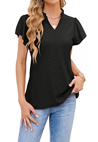 T1FE 1SFE Tshirt Damen Sommer Ethno Loch Style Rüschenärmel Einfarbig Mode 2023 Bluse Schwarz M von T1FE 1SFE