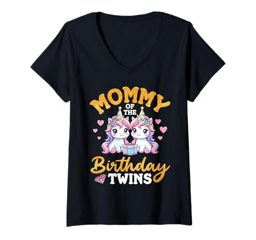 Damen Alles Gute zum Geburtstag Zwillinge Einhörner Zwei Töchter Mama T-Shirt mit V-Ausschnitt Damen Alles Gute zum Geburtstag Zwillinge Einhörner Zwei Töchter Mama T-Shirt mit V-Ausschnitt von T9Shop Happy Birthday Mommy
