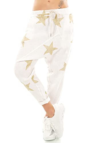 TA Fashion Damen Harem Hose Leinen Jogpants Baggy Boyfriend Freizeithose Gold Silber Sterne Italien (Weiß-Gold) von TA Fashion