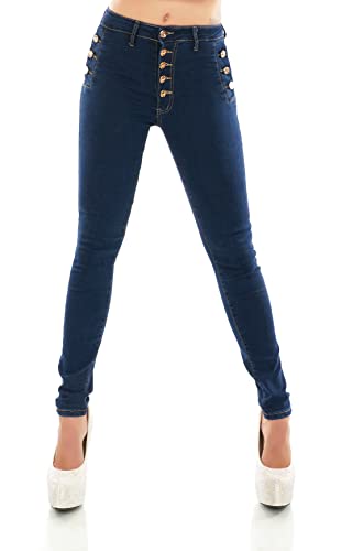 TA Fashion Damen High Waist Jeans Skinny Slim FIt Stretch Denim Hose Röhrenjeans Knopfleiste (as3, Alpha, m, Regular, Regular, Dunkelblau-872-4) von TA Fashion