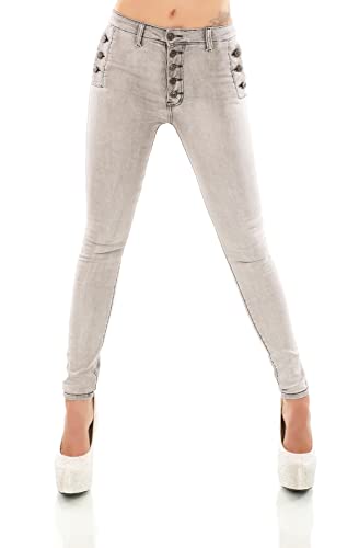 TA Fashion Damen High Waist Jeans Skinny Slim FIt Stretch Denim Hose Röhrenjeans Knopfleiste (as3, Alpha, m, Regular, Regular, Grey Washed-872-85) von TA Fashion