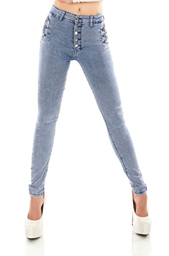 TA Fashion Damen High Waist Jeans Skinny Slim FIt Stretch Denim Hose Röhrenjeans Knopfleiste (as3, Alpha, x_l, Regular, Regular, Blue Washed-872-8) von TA Fashion