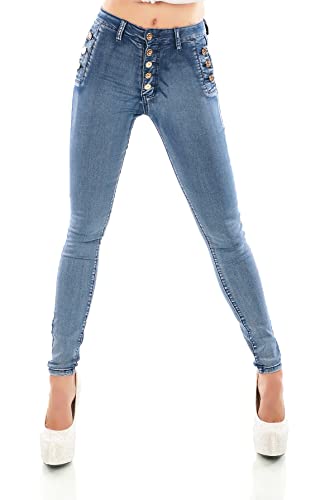 TA Fashion Damen High Waist Jeans Skinny Slim FIt Stretch Denim Hose Röhrenjeans Knopfleiste (as3, Alpha, x_s, Regular, Regular, Dark Blue Washed-872-3) von TA Fashion