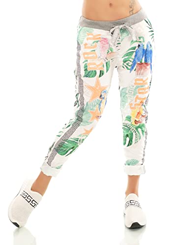 TA Fashion Damen Hose Jogpants Baggy Boyfriend Freizeithose Dschungel-Papagei Print 36-40 (Grün) von TA Fashion