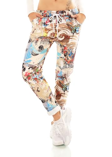 TA Fashion Damen Hose Jogpants Baggy Boyfriend Freizeithose Dschungel-Papagei Totenkopf oder Blumen Print 36-40 (Beige-Braun-7096) von TA Fashion