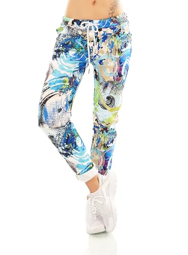 TA Fashion Damen Hose Jogpants Baggy Boyfriend Freizeithose Dschungel-Papagei Totenkopf oder Blumen Print 36-40 (Blau-7096) von TA Fashion