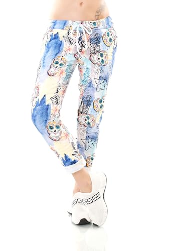 TA Fashion Damen Hose Jogpants Baggy Boyfriend Freizeithose Dschungel-Papagei Totenkopf oder Blumen Print 36-40 (Blau-Skull) von TA Fashion