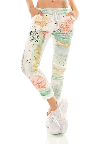 TA Fashion Damen Hose Jogpants Baggy Boyfriend Freizeithose Dschungel-Papagei Totenkopf oder Blumen Print 36-40 (Grün-12980) von TA Fashion