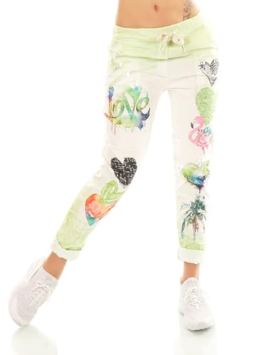 TA Fashion Damen Hose Jogpants Baggy Boyfriend Freizeithose Dschungel-Papagei Totenkopf oder Blumen Print 36-40 (Grün-Herz) von TA Fashion