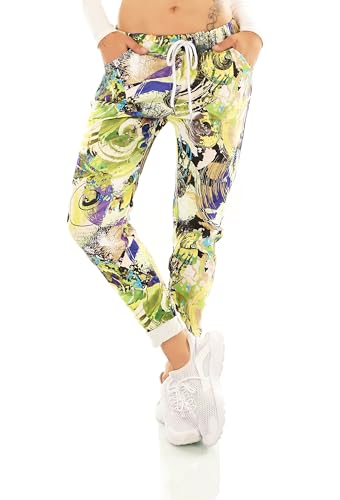 TA Fashion Damen Hose Jogpants Baggy Boyfriend Freizeithose Dschungel-Papagei Totenkopf oder Blumen Print 36-40 (Grün-Lila-7096) von TA Fashion