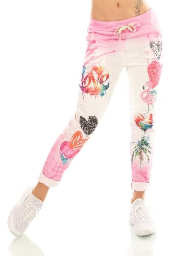 TA Fashion Damen Hose Jogpants Baggy Boyfriend Freizeithose Dschungel-Papagei Totenkopf oder Blumen Print 36-40 (Pink-Herz) von TA Fashion