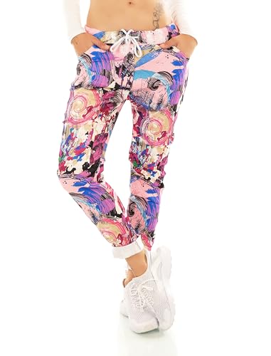 TA Fashion Damen Hose Jogpants Baggy Boyfriend Freizeithose Dschungel-Papagei Totenkopf oder Blumen Print 36-40 (Rosa-Pink-7096) von TA Fashion
