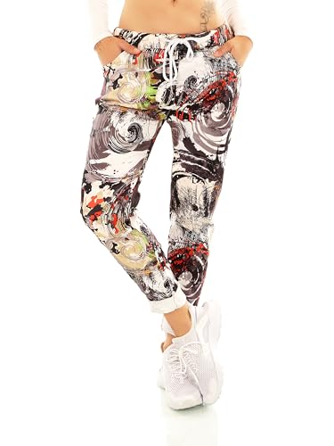 TA Fashion Damen Hose Jogpants Baggy Boyfriend Freizeithose Dschungel-Papagei Totenkopf oder Blumen Print 36-40 (Schwarz-7096) von TA Fashion