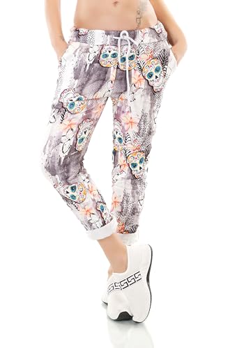 TA Fashion Damen Hose Jogpants Baggy Boyfriend Freizeithose Dschungel-Papagei Totenkopf oder Blumen Print 36-40 (Schwarz-Skull) von TA Fashion