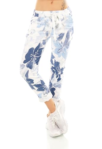 TA Fashion Damen Hose Jogpants Baggy Boyfriend Freizeithose Dschungel-Papagei Totenkopf oder Blumen Print 36-40 (Weiß-Blau) von TA Fashion