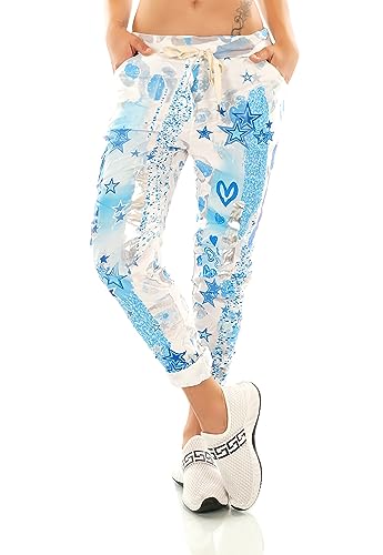 TA Fashion Damen Hose Jogpants Baggy Boyfriend Freizeithose Dschungel-Papagei oder Blumen Print 36-40 (Blau-Sterne) von TA Fashion