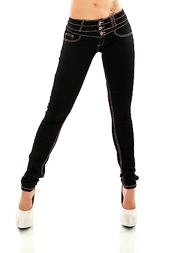 TA Fashion Damen Hüft Jeans Skinny Slim Fit Stretch Raw Unwashed Hose Röhrenjeans Kontrastnähte (as3, Alpha, l, Regular, Regular, Schwarz-251) von TA Fashion