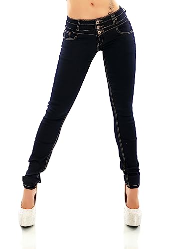 TA Fashion Damen Hüft Jeans Skinny Slim Fit Stretch Raw Unwashed Hose Röhrenjeans Kontrastnähte (as3, Alpha, x_l, Regular, Regular, Blau-250) von TA Fashion