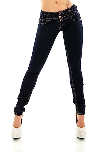 TA Fashion Damen Hüft Jeans Skinny Slim Fit Stretch Raw Unwashed Hose Röhrenjeans Kontrastnähte (as3, Alpha, x_s, Regular, Regular, Blau-250) von TA Fashion