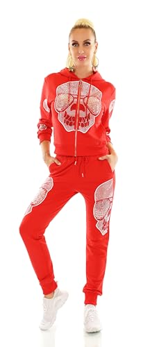 TA Fashion Damen Jogginganzug 2-Teiler Sport Fitness Freizeit Jacke und Hose Strass Nieten Skull Kapuze (DE/NL/SE/PL, Alphanumerisch, M, L, Regular, Regular, Rot-7073) von TA Fashion