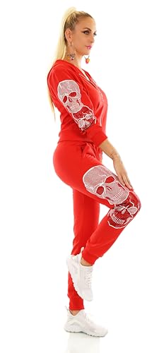 TA Fashion Damen Jogginganzug 2-Teiler Sport Fitness Freizeit Jacke und Hose Strass Nieten Skull Kapuze (DE/NL/SE/PL, Alphanumerisch, S, M, Regular, Regular, Rot-7072) von TA Fashion