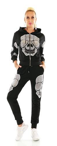 TA Fashion Damen Jogginganzug 2-Teiler Sport Fitness Freizeit Jacke und Hose Strass Nieten Skull Kapuze (DE/NL/SE/PL, Alphanumerisch, S, M, Regular, Regular, Schwarz-7073) von TA Fashion