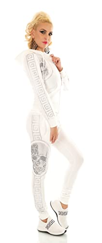 TA Fashion Damen Jogginganzug 2-Teiler Sport Fitness Freizeit Jacke und Hose Strass Nieten Skull Kapuze (as3, alpha, s, m, regular, regular, Weiss) von TA Fashion