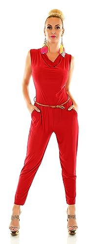 TA Fashion Damen Overall Hosenanzug Hose Jumpsuit Wasserfall Ausschnitt Flecht-Gürtel 34-38 (Dunkelrot-Uni) von TA Fashion