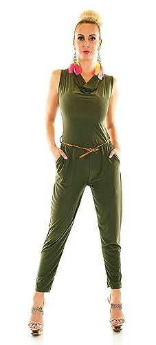 TA Fashion Damen Overall Hosenanzug Hose Jumpsuit Wasserfall Ausschnitt Flecht-Gürtel 34-38 (Moosgrün-Uni) von TA Fashion