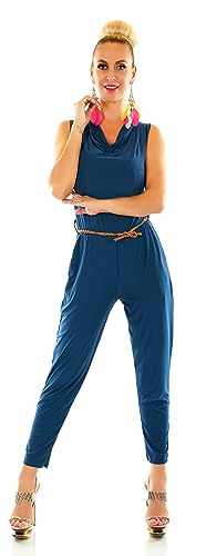 TA Fashion Damen Overall Hosenanzug Hose Jumpsuit Wasserfall Ausschnitt Flecht-Gürtel 34-38 (Petrol-Uni) von TA Fashion