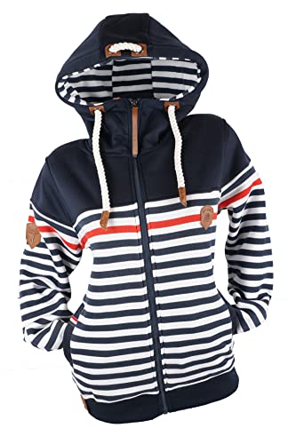 TA Fashion Damen Sweat Jacke Kapuze Fleece gefüttert Übergangsjacke Hoodie gestreiftes oder dünn-gestreiftes meliertes Muster (as3, Alpha, 3X_l, Regular, Regular, Blau-797) von TA Fashion