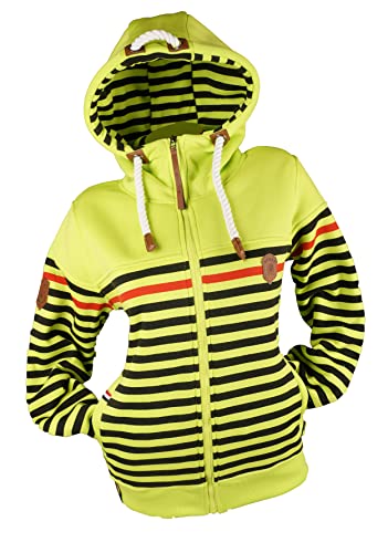 TA Fashion Damen Sweat Jacke Kapuze Fleece gefüttert Übergangsjacke Hoodie gestreiftes oder dünn-gestreiftes meliertes Muster (as3, Alpha, xx_l, Regular, Regular, Gelbgrün-797) von TA Fashion