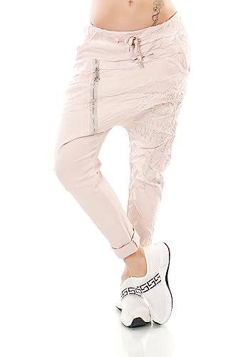 TA Fashion Italy Damen Freizeit Hose Haremshose Harem Jogpants Baggy Boyfriend Schriftzug Zipper 36-40 (Rosé-Mod.2) von TA Fashion