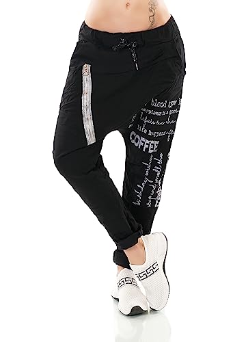 TA Fashion Italy Damen Freizeit Hose Haremshose Harem Jogpants Baggy Boyfriend Schriftzug Zipper 36-40 (Schwarz-Mod.2) von TA Fashion