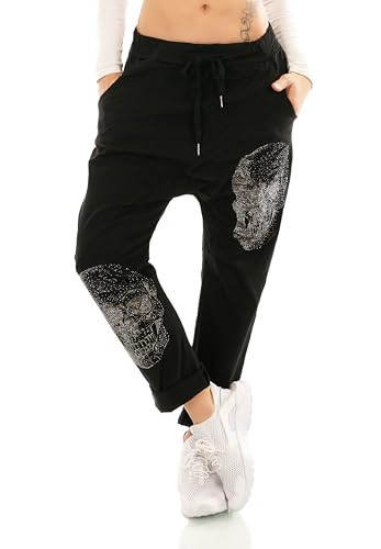 TA Fashion Italy Damen Freizeit Hose Haremshose Harem Jogpants Baggy Boyfriend Schriftzug Zipper 36-40 (Schwarz-Skull) von TA Fashion