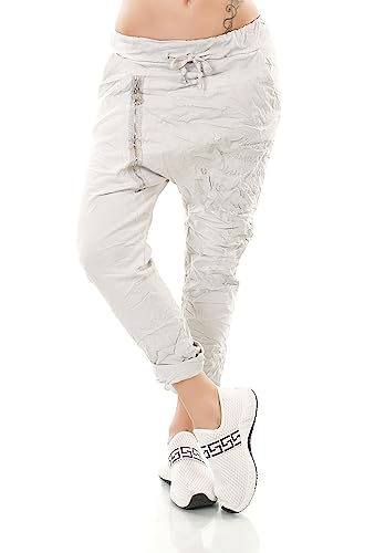 TA Fashion Italy Damen Freizeit Hose Haremshose Harem Jogpants Baggy Boyfriend Schriftzug Zipper 36-40 (Silbergrau-Mod.2) von TA Fashion