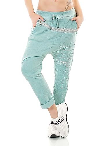 TA Fashion Italy Damen Freizeit Hose Haremshose Harem Jogpants Baggy Boyfriend Schriftzug Zipper 36-40 (Türkis-Mod.1) von TA Fashion