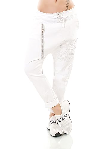 TA Fashion Italy Damen Freizeit Hose Haremshose Harem Jogpants Baggy Boyfriend Schriftzug Zipper 36-40 (Weiß-Mod.2) von TA Fashion