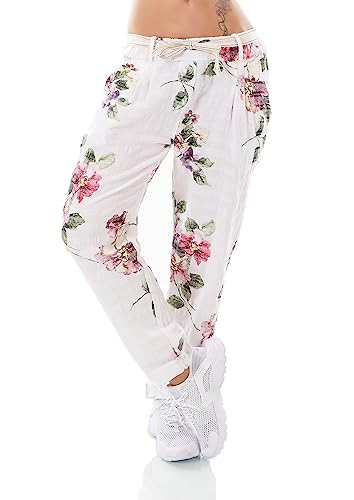 TA Fashion Italy Damen Hose Baggy Boyfriend Blumen Print Baumwolle Leinen Look Gürtel 36-40 (as3, Alpha, one_Size, Regular, Regular, Weiß) von TA Fashion